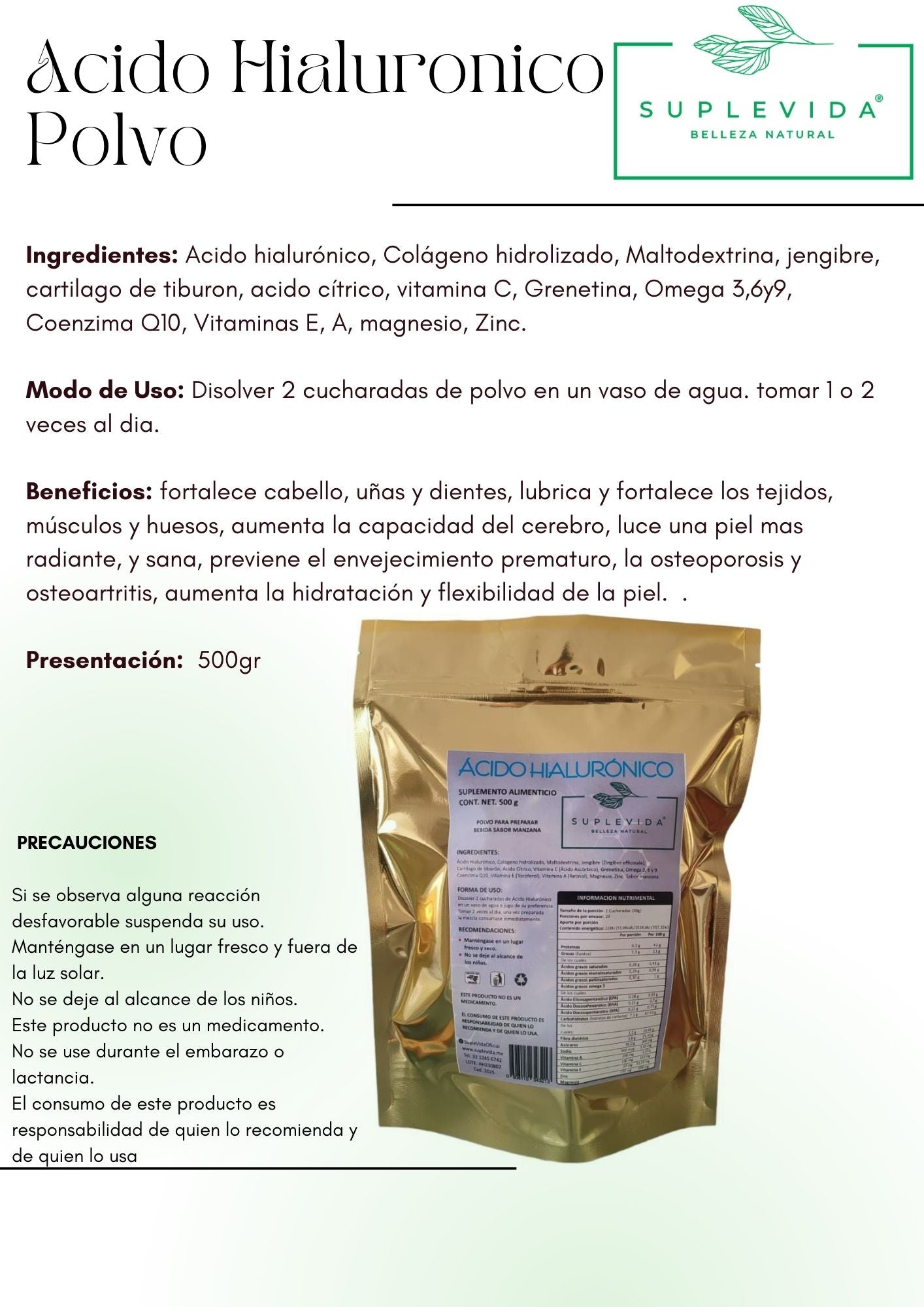 Ácido hialurónico en polvo 500 g